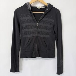 Roxy Y2K Cropped Full Zip Hoodie Jacket Womens S Black Embroidered Hearts Apples